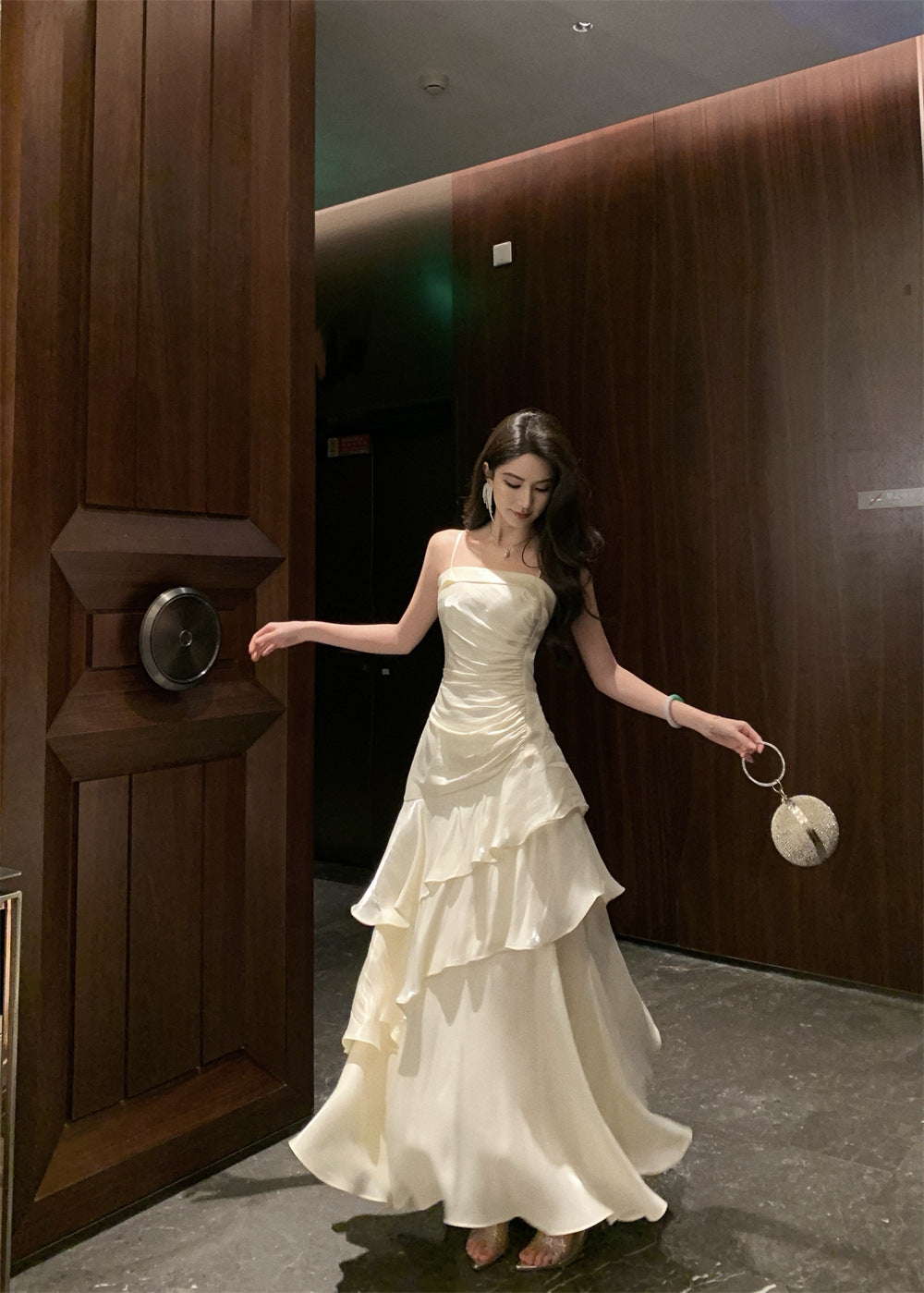 French High-end Long Ruffled Niche Light Luxury Slim-fit Sling dress Adult Ceremony Fishtail Birthday Gown