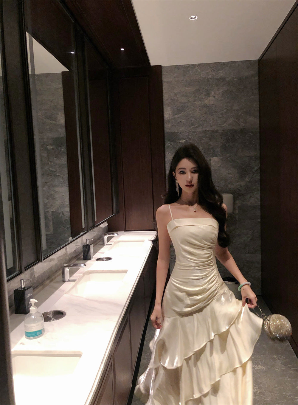 French High-end Long Ruffled Niche Light Luxury Slim-fit Sling dress Adult Ceremony Fishtail Birthday Gown