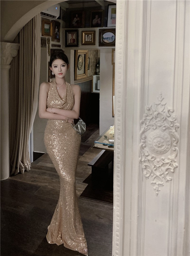 Light Luxury Style Heavy Industry Sequins Host Engagement Evening Dress Cross-Border Women's Autumn New Banquet Dress