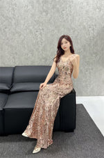 2026 Summer Korean Style Sexy Sequin Heavy Embellishment Strap Evening Dress Light Luxury Niche High-End Party Dress 8310