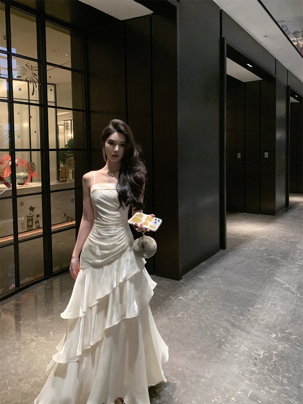 French High-end Long Ruffled Niche Light Luxury Slim-fit Sling dress Adult Ceremony Fishtail Birthday Gown