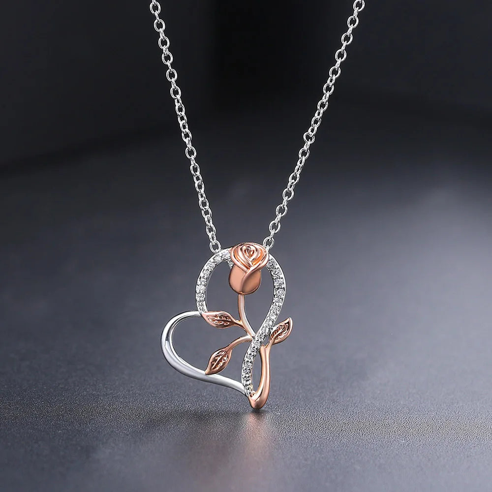 Pendant Heart Necklaces For Women Zircon Aesthetic Rose Flower Choker Chains Silver Color Gifts jewelry Wholesale N172
