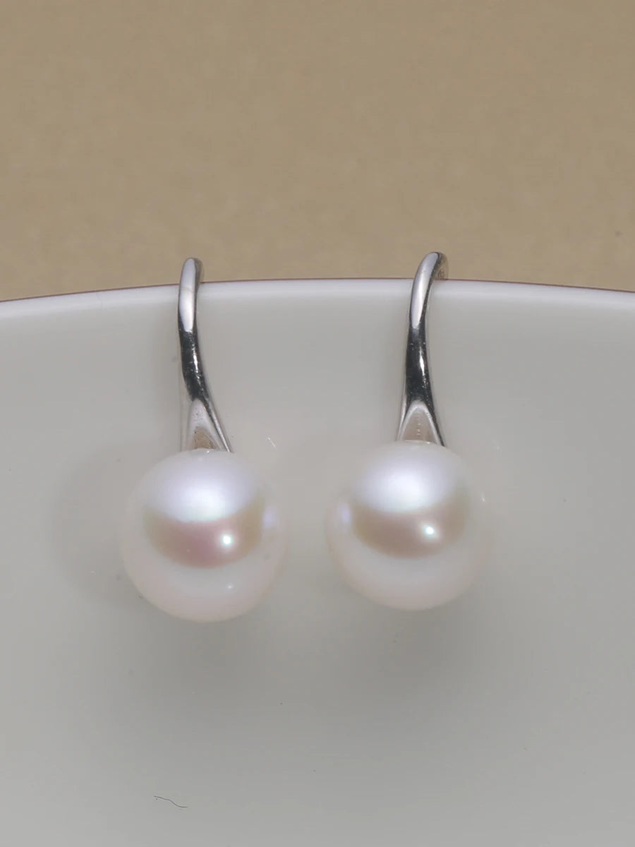 Classic 925 Sterling Silver Ear Hook Natural Freshwater Pearl Round Pearl Earring Jewelry 5A Earring Ear Hook Akoya Pearl EAT