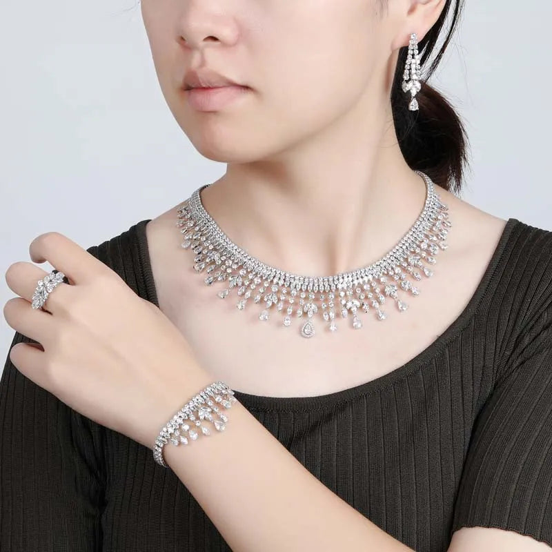 Luxurious Wedding Jewelry Sets HADIYANA Bridal Jewelery Drop Bracelet Earring Necklace And Ring Set BN8963 Dress  Accessories