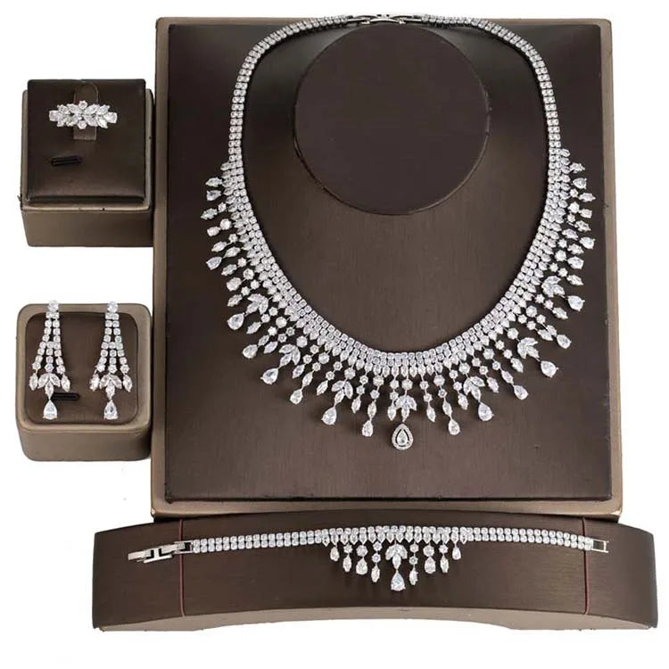 Luxurious Wedding Jewelry Sets HADIYANA Bridal Jewelery Drop Bracelet Earring Necklace And Ring Set BN8963 Dress  Accessories