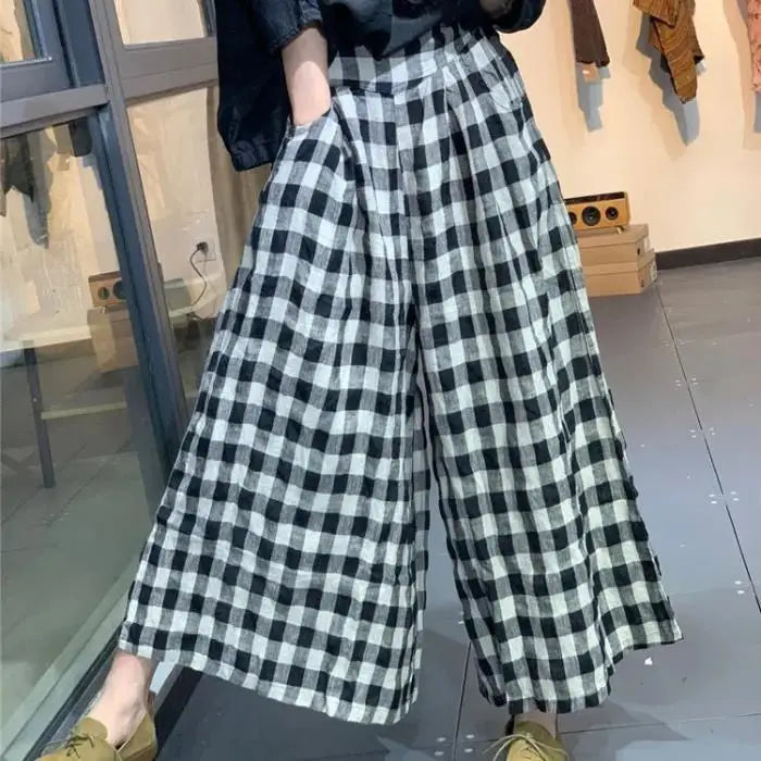 Elegant Woman Dress Plaid Pants Thin Cotton Linen Wide Leg Trousers Women 2023 Summer High Waist Baggy Jogger Pants Sweatpants