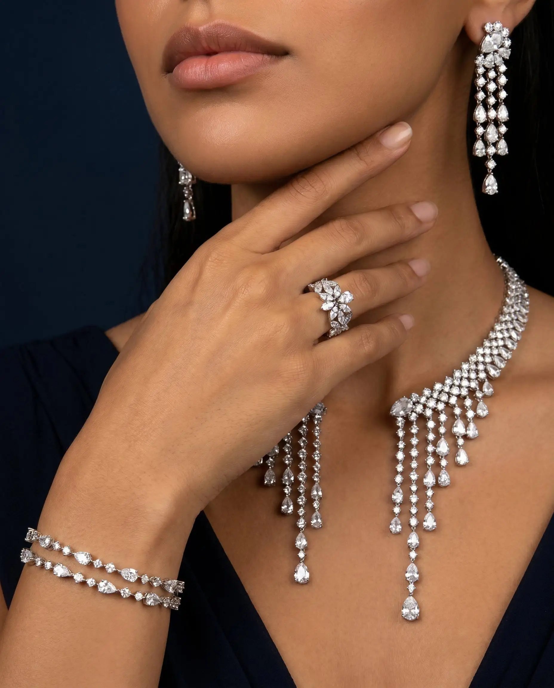 Bride Talk 4Pcs Bridal Jewelry Set with Sparkling Tassel CZ - Statement Necklace Earrings Bracelet Ring - Luxury Yellow White We