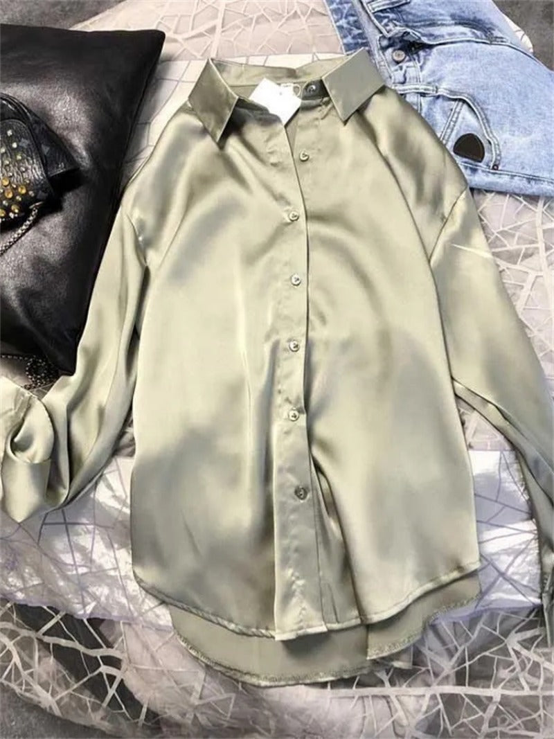 Casual Office Lady Silk Blouses Autumn Long Sleeve Button Up Shirt Women Elegant Winter Tops  Office Lady Acetate Blouse