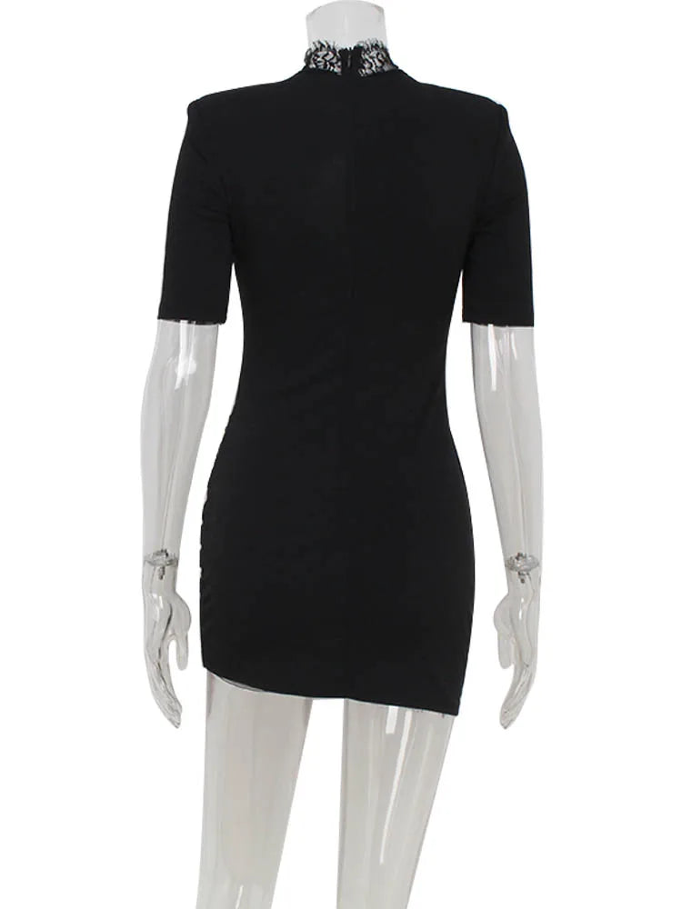 Huhugirl Lace Patchwork Hollow Out Bodycon Sheath High Collar Women Dresses Half Sleeve Outfits Sexy Club Fashion Female Vestido