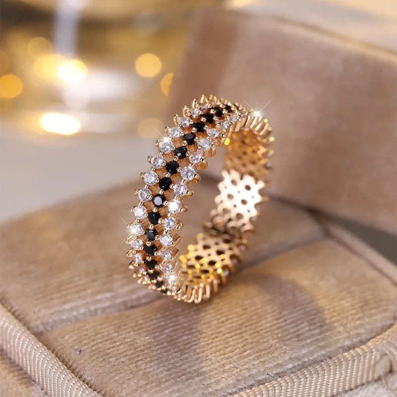 Fashion Rose Golden Rings For Women Vintage Accessories Full Black White cubic zirconia Shiny Ring Fine Jewelry