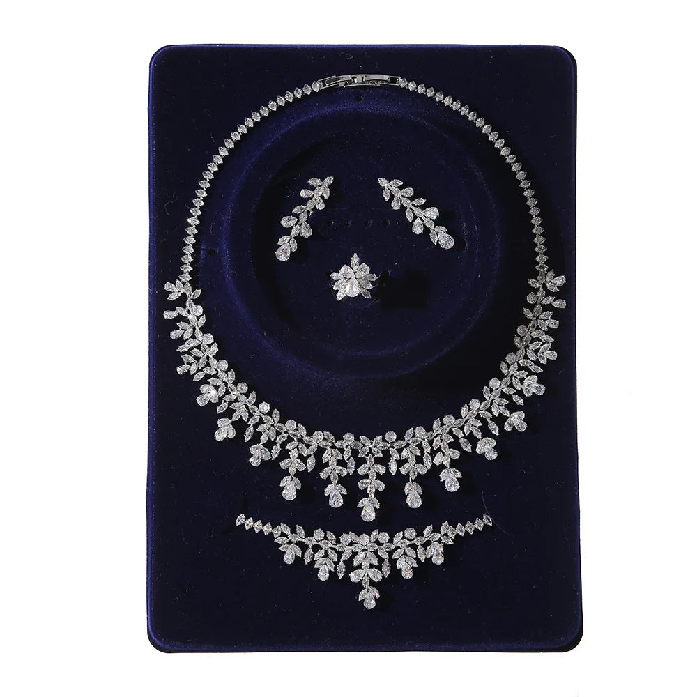 4pcs Bridal Jewelry Sets For Wedding Zirconia CZ Saudi Dubai Indian Necklace Earring Bracelet Set For Women Party Prom Jewelley