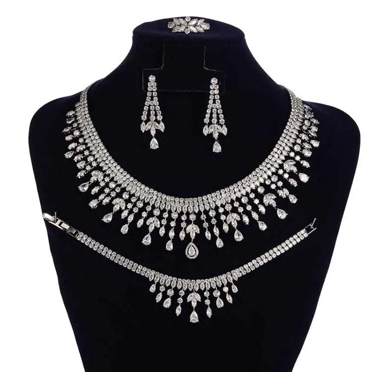 Luxurious Wedding Jewelry Sets HADIYANA Bridal Jewelery Drop Bracelet Earring Necklace And Ring Set BN8963 Dress  Accessories