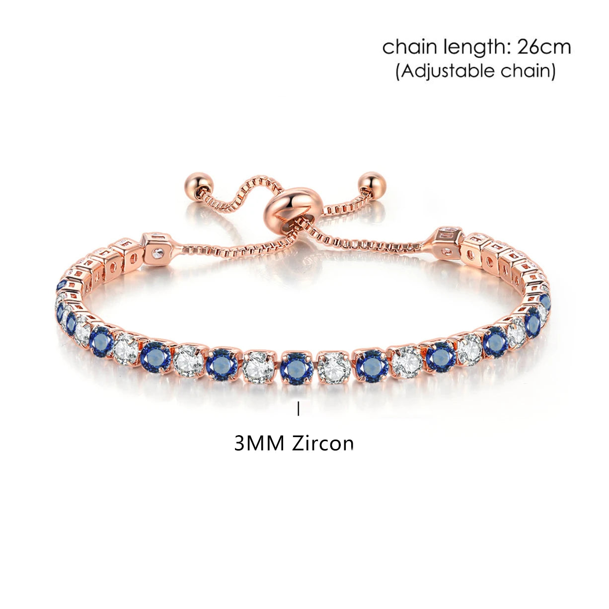 Tennis Bracelets For Women Simple Blue Round 3*3mm Zircon Rose Gold Color Female Bracelet Jewerlly Fashion Korean Gifts H055