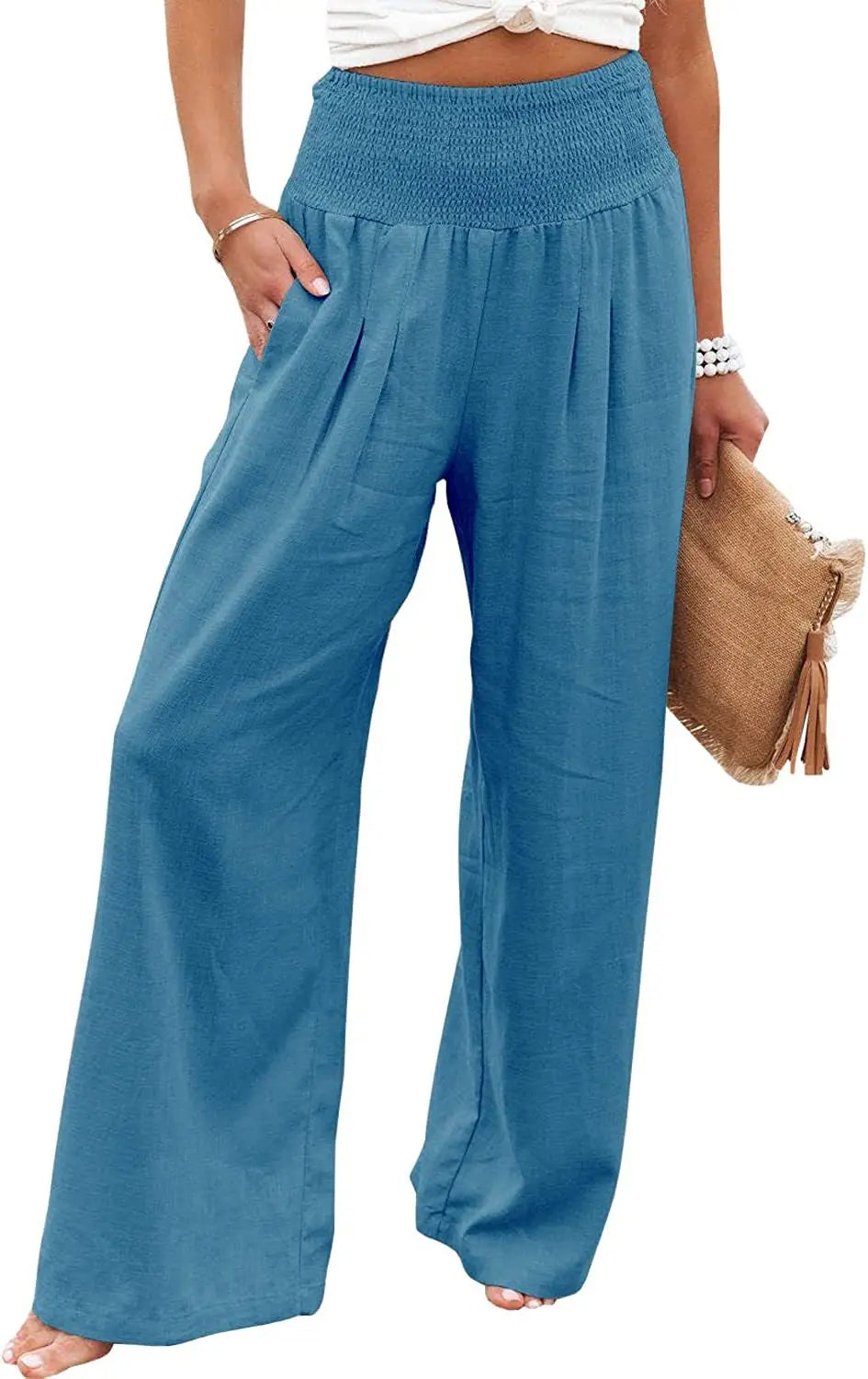 Women's Solid Summer Pants High Waist Thin Casual Loose Wide Leg Vintage Pants Pantalones De Mujer Work Business Casual Trousers