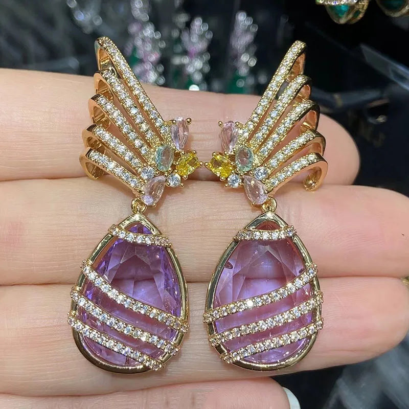 Big Round Drop Earrings Women Luxury Jewelry Shiny Zircon Wedding Bride Dinner Party Green Orange White Dangle Earrings