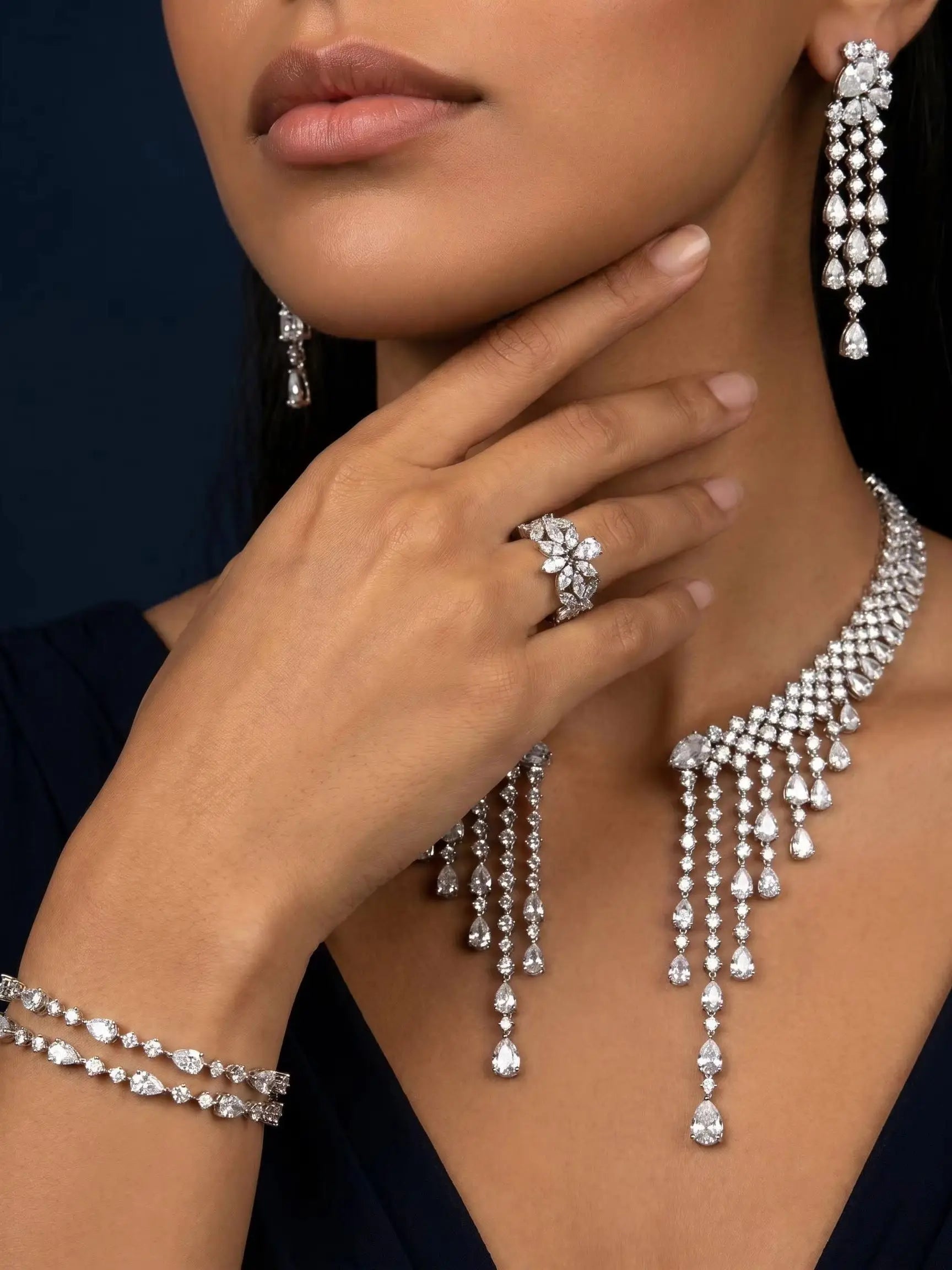 Bride Talk 4Pcs Bridal Jewelry Set with Sparkling Tassel CZ - Statement Necklace Earrings Bracelet Ring - Luxury Yellow White We