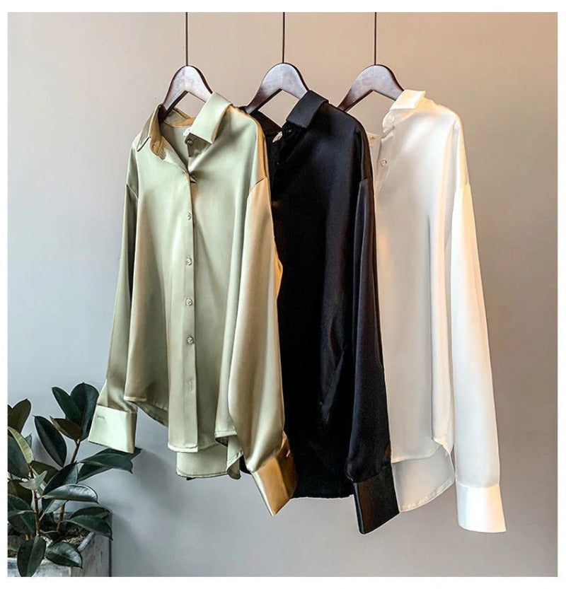Casual Office Lady Silk Blouses Autumn Long Sleeve Button Up Shirt Women Elegant Winter Tops  Office Lady Acetate Blouse