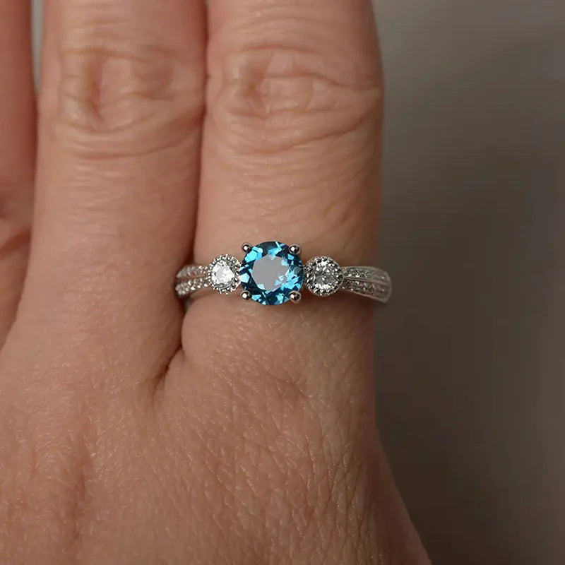Fashion Female Ring  925 Sterling Silve Sea Blue Round Zircon Finger Rings for Women Promise Love Wedding Ring for Women Jewelry