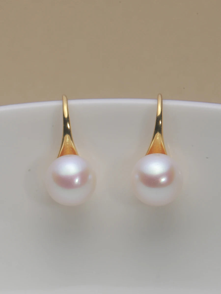 Classic 925 Sterling Silver Ear Hook Natural Freshwater Pearl Round Pearl Earring Jewelry 5A Earring Ear Hook Akoya Pearl EAT