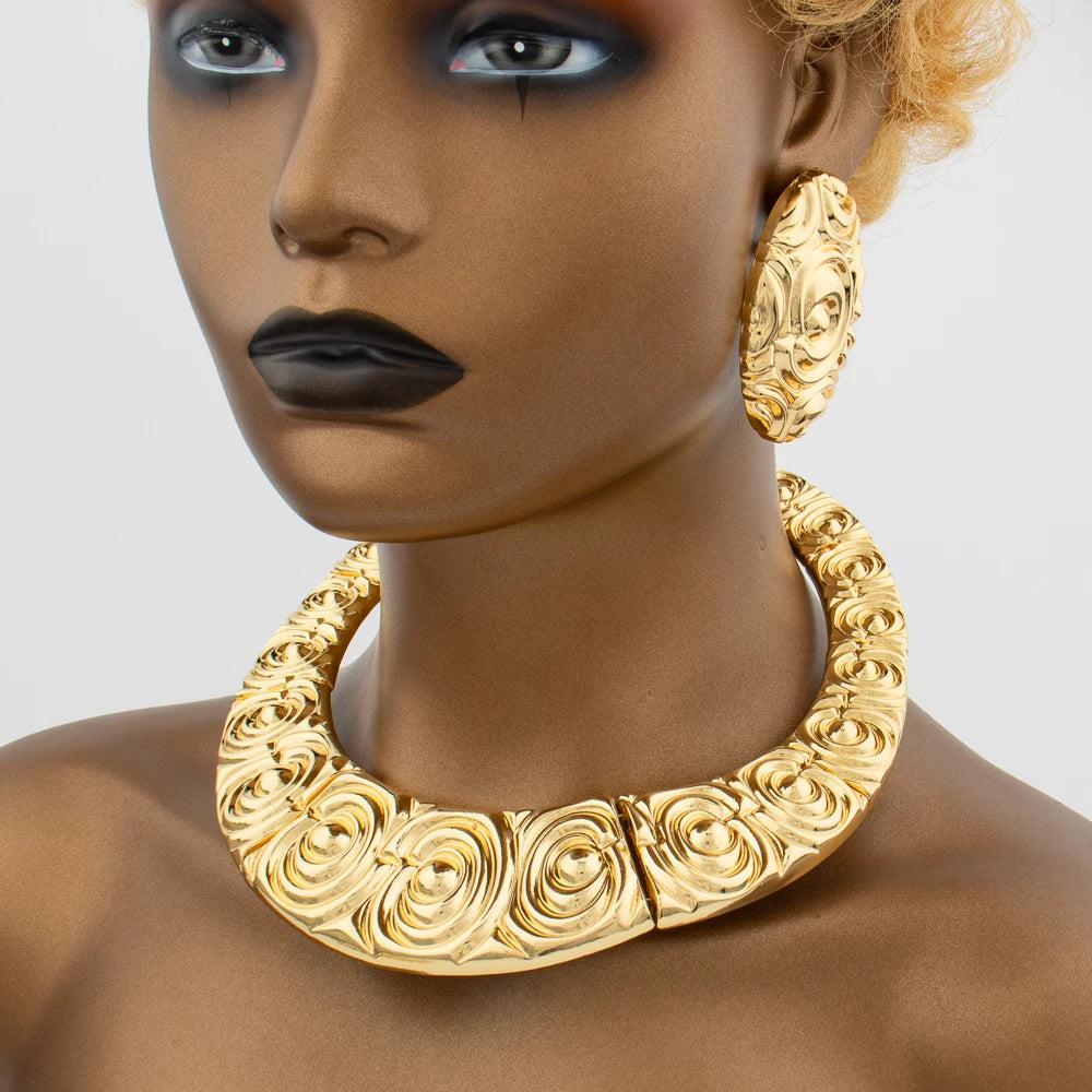 Dubai Big Jewelry Set Design for Women Wedding Bride Necklace Brazili Gold Plated Collor Earrings Bracelet Ring for Party Gift