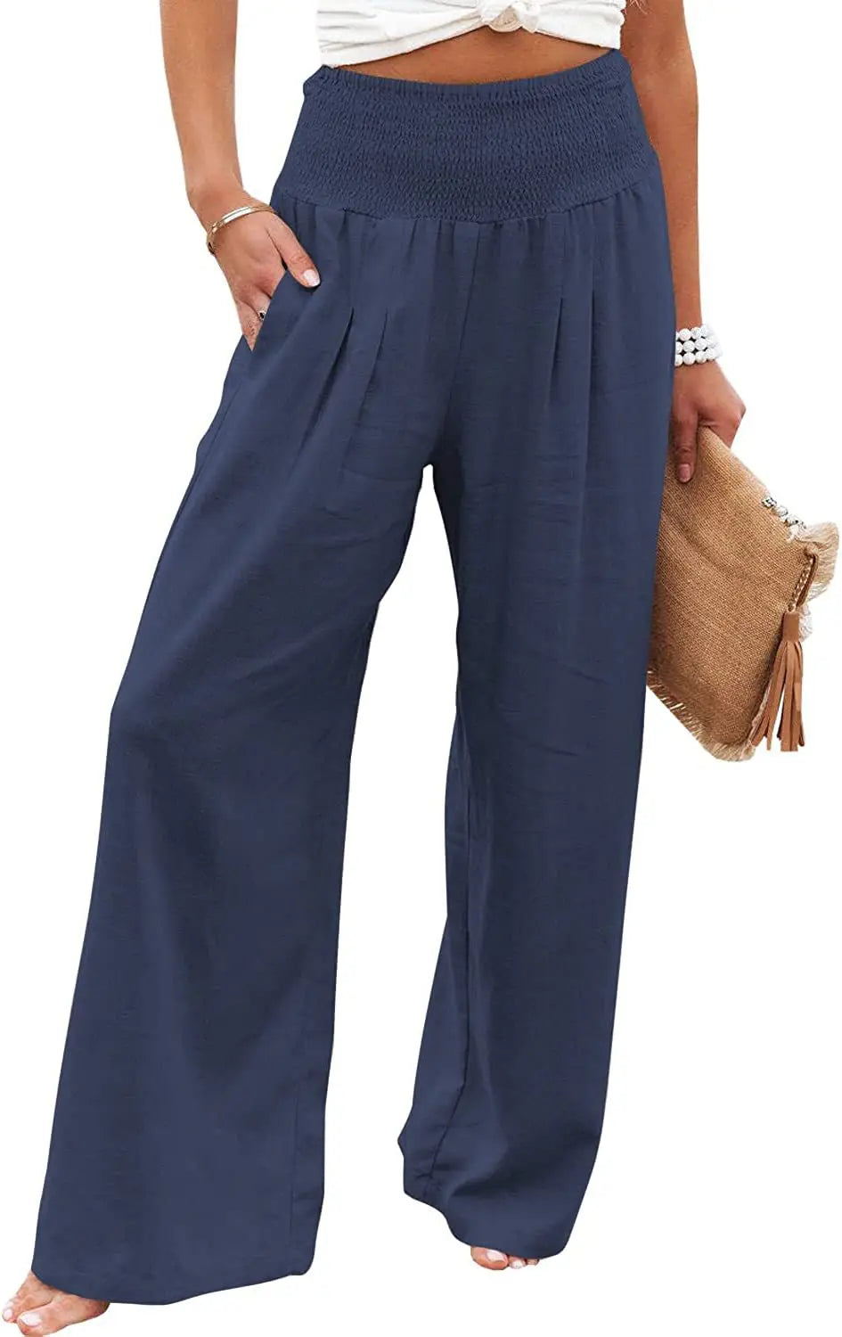 Women's Solid Summer Pants High Waist Thin Casual Loose Wide Leg Vintage Pants Pantalones De Mujer Work Business Casual Trousers