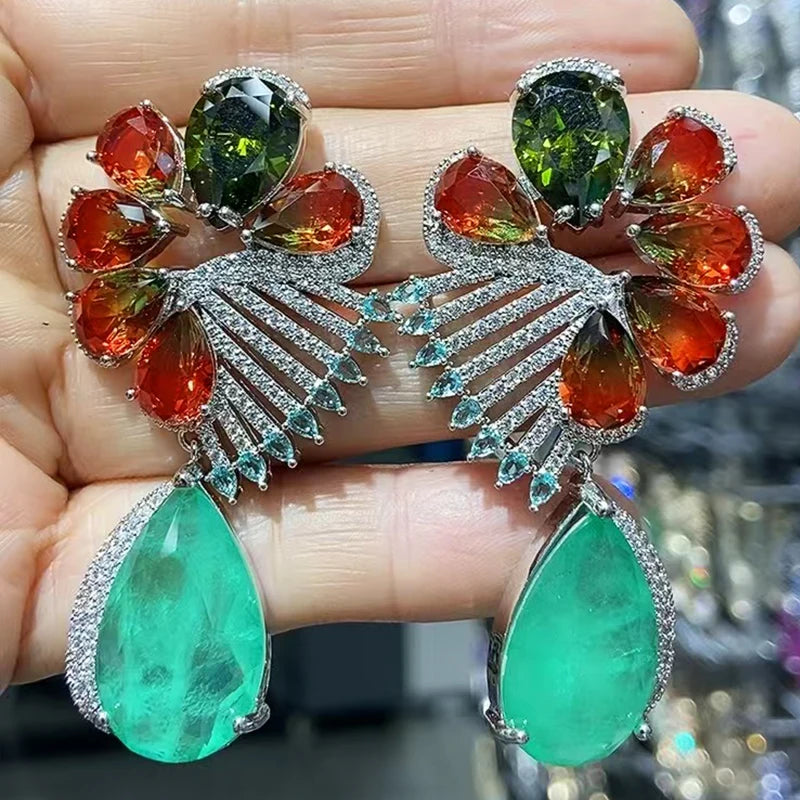 Big Round Drop Earrings Women Luxury Jewelry Shiny Zircon Wedding Bride Dinner Party Green Orange White Dangle Earrings