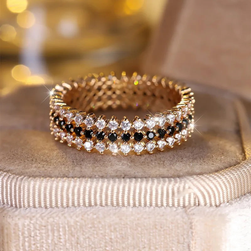 Fashion Rose Golden Rings For Women Vintage Accessories Full Black White cubic zirconia Shiny Ring Fine Jewelry