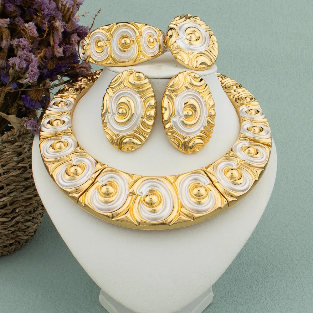 Dubai Big Jewelry Set Design for Women Wedding Bride Necklace Brazili Gold Plated Collor Earrings Bracelet Ring for Party Gift