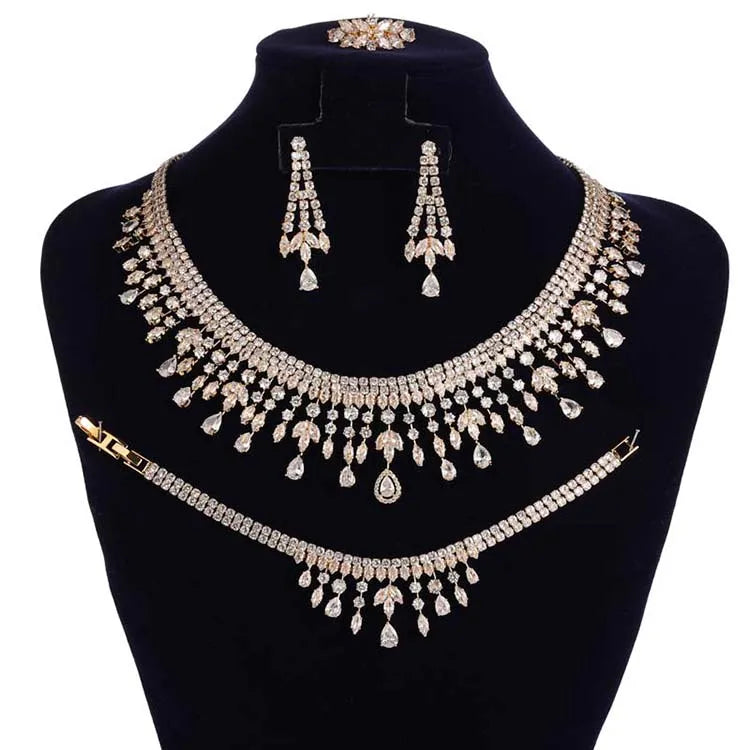 Luxurious Wedding Jewelry Sets HADIYANA Bridal Jewelery Drop Bracelet Earring Necklace And Ring Set BN8963 Dress  Accessories