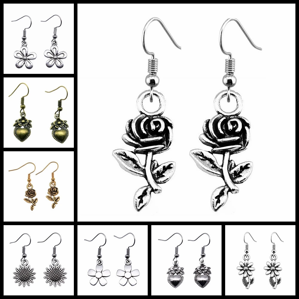 Women Drop Earrings Fashion Handmade Simple Design Cute Small Sunflower Flower Rose Chrysanthemum Daisy Pendant Earrings