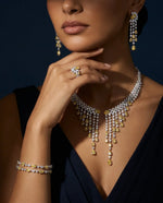 Bride Talk 4Pcs Bridal Jewelry Set with Sparkling Tassel CZ - Statement Necklace Earrings Bracelet Ring - Luxury Yellow White We
