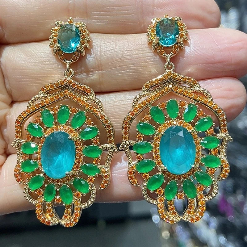 Big Round Drop Earrings Women Luxury Jewelry Shiny Zircon Wedding Bride Dinner Party Green Orange White Dangle Earrings