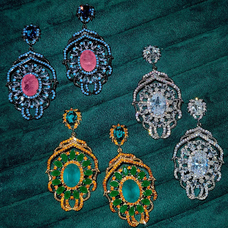 Big Round Drop Earrings Women Luxury Jewelry Shiny Zircon Wedding Bride Dinner Party Green Orange White Dangle Earrings