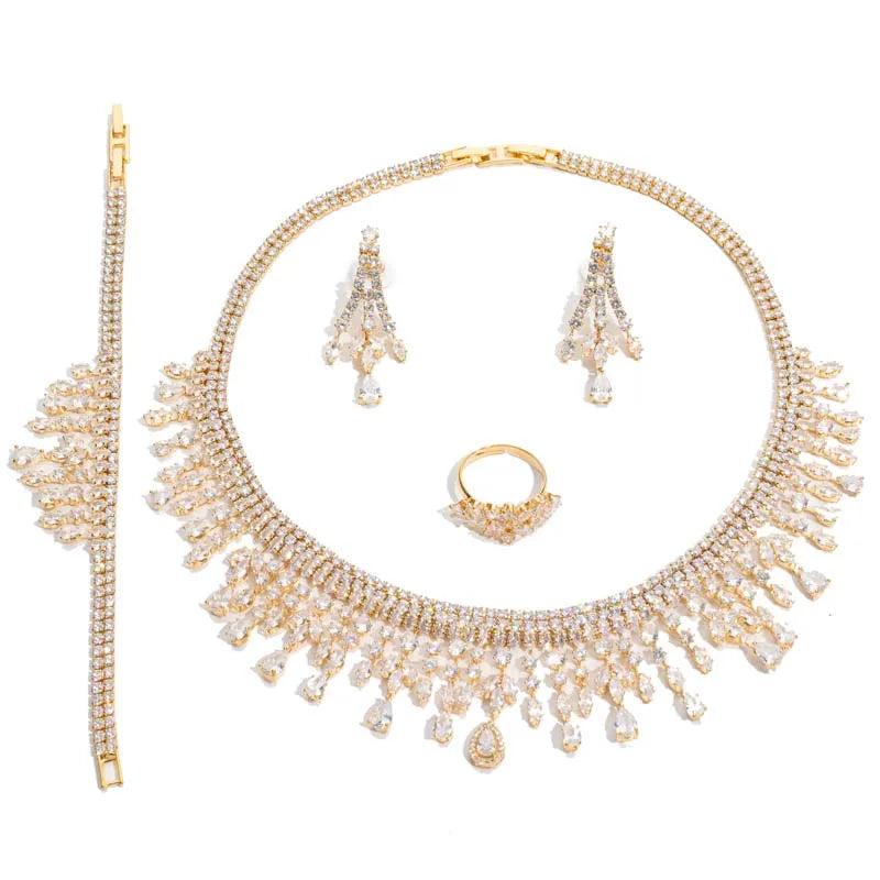 Luxurious Wedding Jewelry Sets HADIYANA Bridal Jewelery Drop Bracelet Earring Necklace And Ring Set BN8963 Dress  Accessories