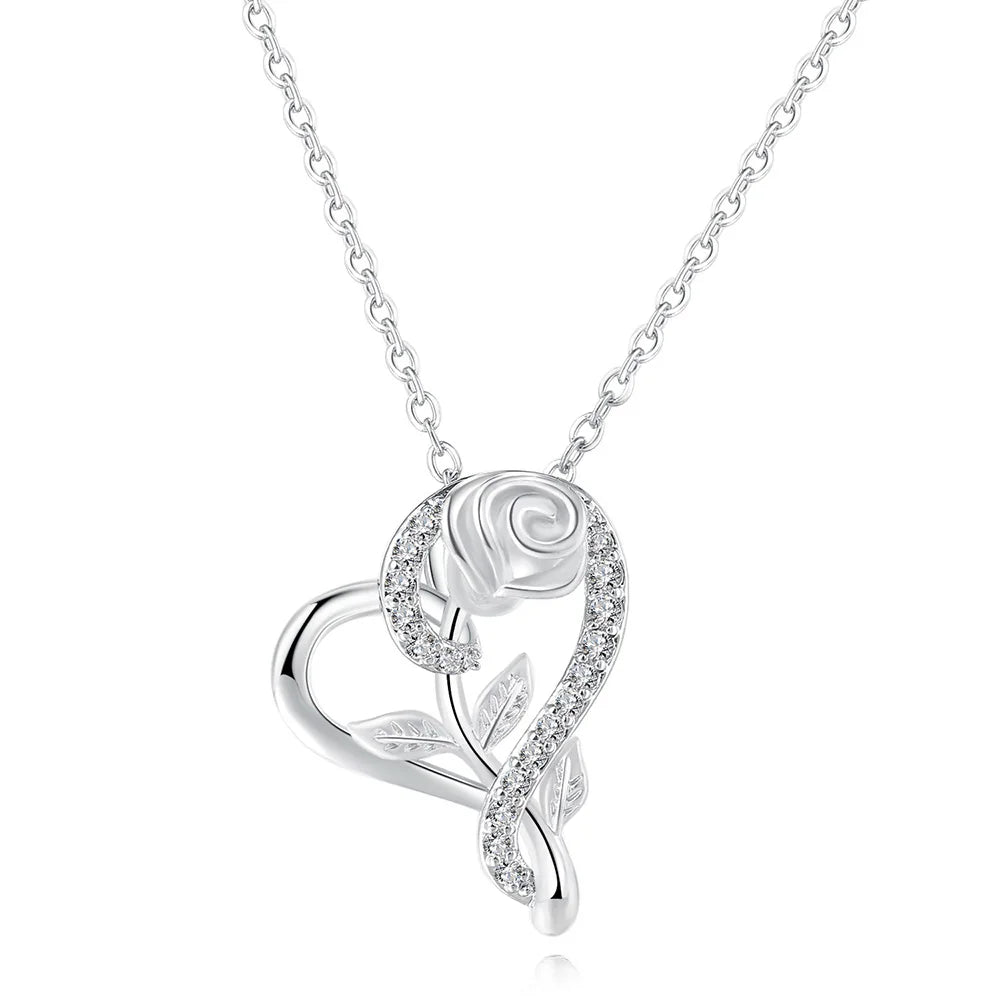 Pendant Heart Necklaces For Women Zircon Aesthetic Rose Flower Choker Chains Silver Color Gifts jewelry Wholesale N172
