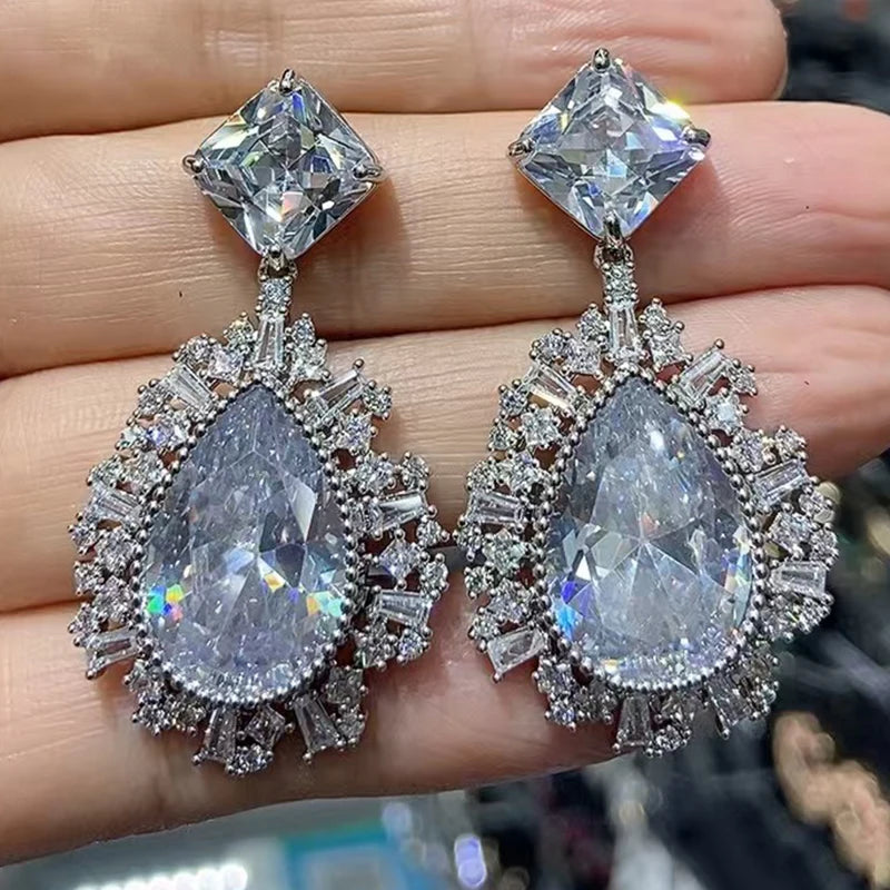 Big Round Drop Earrings Women Luxury Jewelry Shiny Zircon Wedding Bride Dinner Party Green Orange White Dangle Earrings