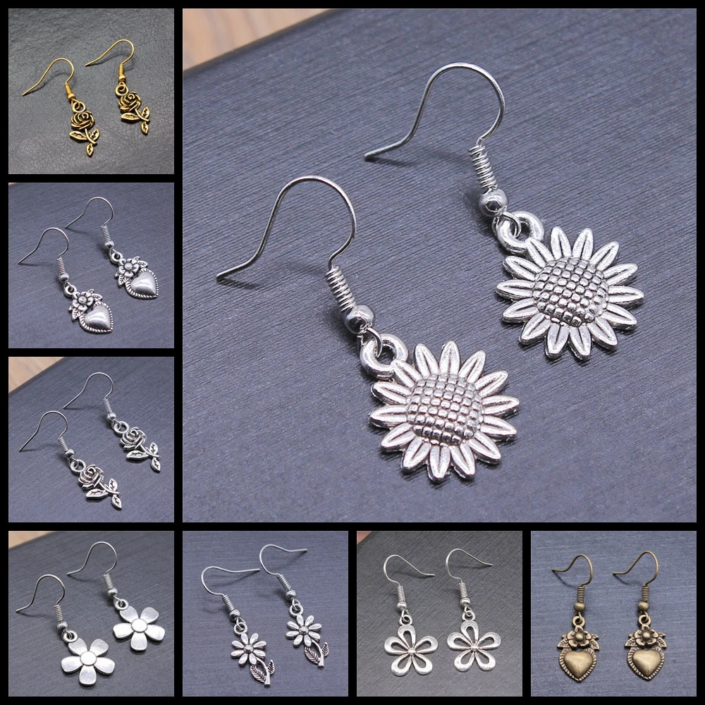 Women Drop Earrings Fashion Handmade Simple Design Cute Small Sunflower Flower Rose Chrysanthemum Daisy Pendant Earrings