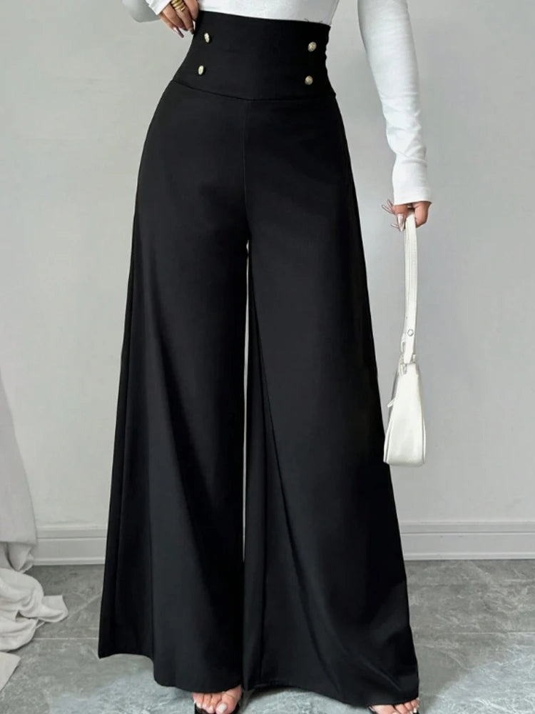 Women's Fashionable and Elegant Solid Color Wide-Leg Pants for Spring and Autumn, High-Waisted Pants