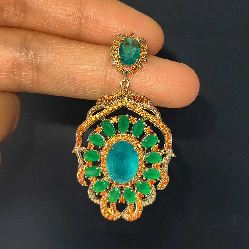 Big Round Drop Earrings Women Luxury Jewelry Shiny Zircon Wedding Bride Dinner Party Green Orange White Dangle Earrings