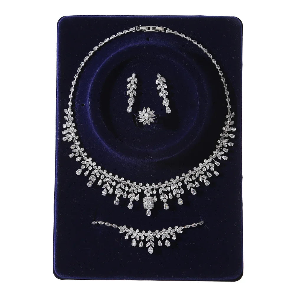 4pcs Bridal Jewelry Sets For Wedding Zirconia CZ Saudi Dubai Indian Necklace Earring Bracelet Set For Women Party Prom Jewelley
