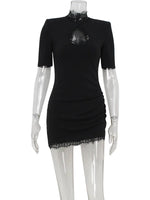 Huhugirl Lace Patchwork Hollow Out Bodycon Sheath High Collar Women Dresses Half Sleeve Outfits Sexy Club Fashion Female Vestido