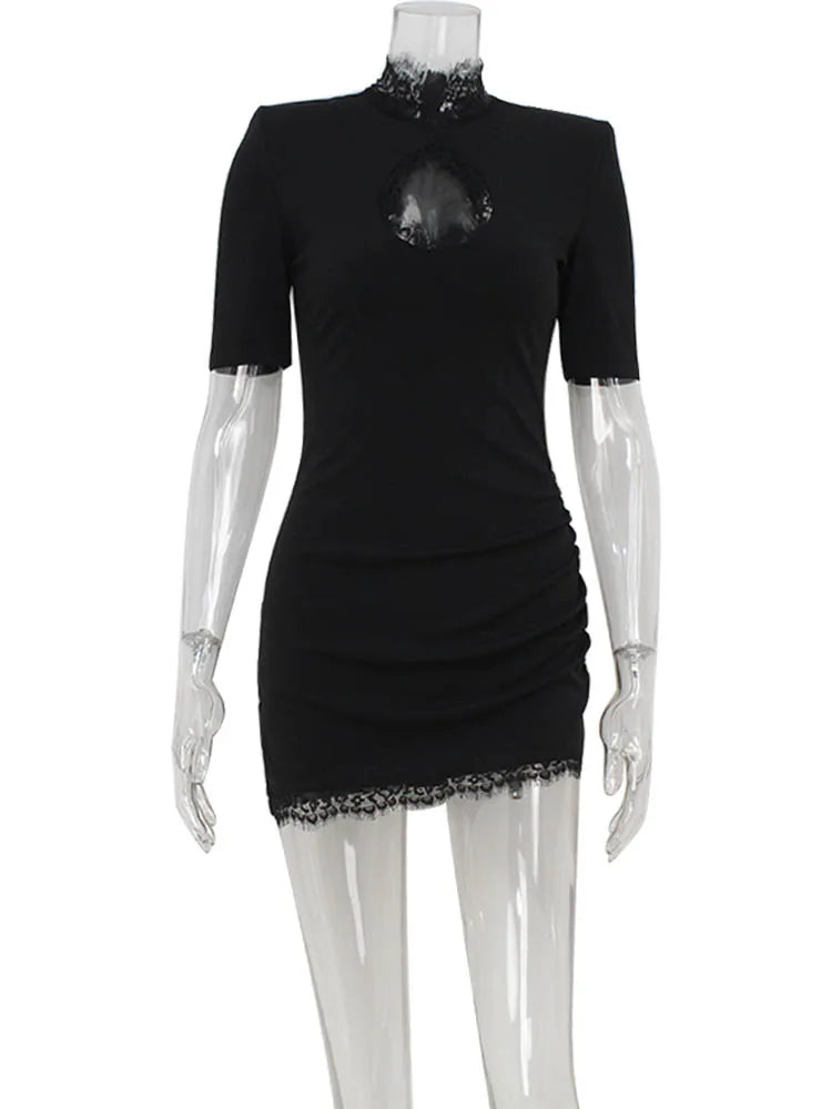 Huhugirl Lace Patchwork Hollow Out Bodycon Sheath High Collar Women Dresses Half Sleeve Outfits Sexy Club Fashion Female Vestido