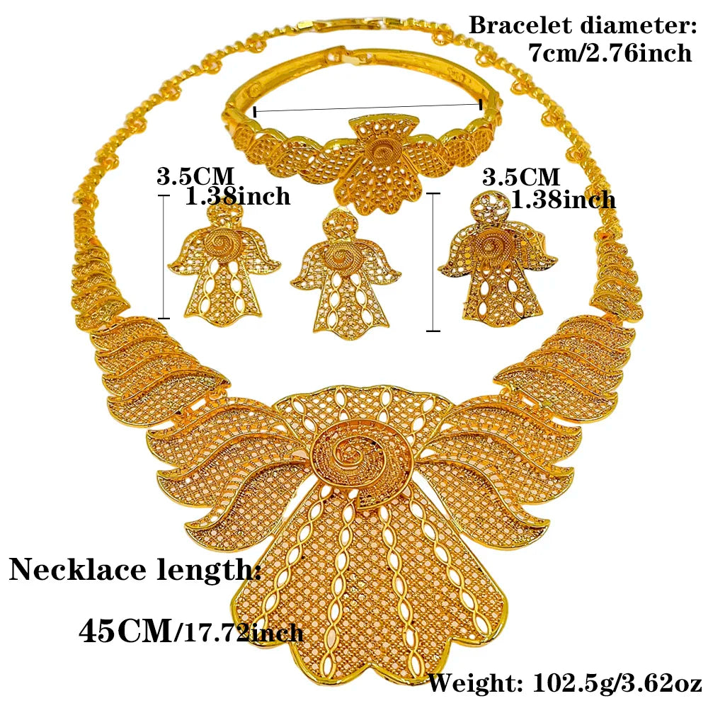 Nigerian Jewelery Set Wedding for Woman Dubai 24K Gold Color Jewelry Sets Earrings and Rings African Designer Bridal Necklace