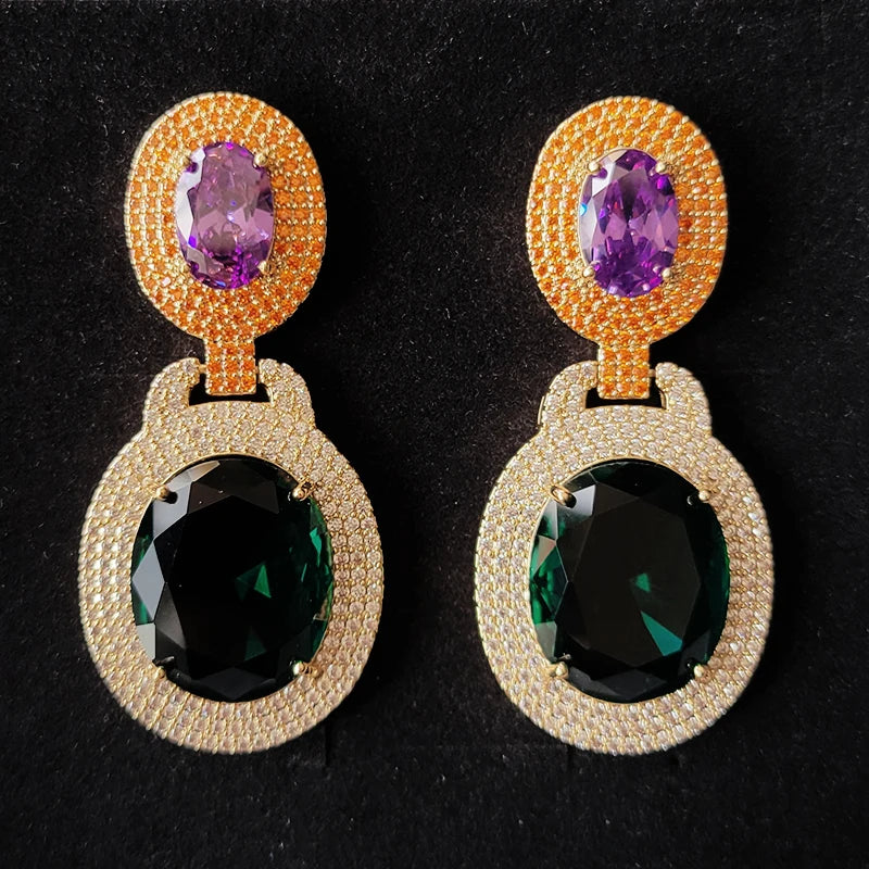 Big Round Drop Earrings Women Luxury Jewelry Shiny Zircon Wedding Bride Dinner Party Green Orange White Dangle Earrings