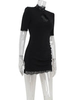 Huhugirl Lace Patchwork Hollow Out Bodycon Sheath High Collar Women Dresses Half Sleeve Outfits Sexy Club Fashion Female Vestido