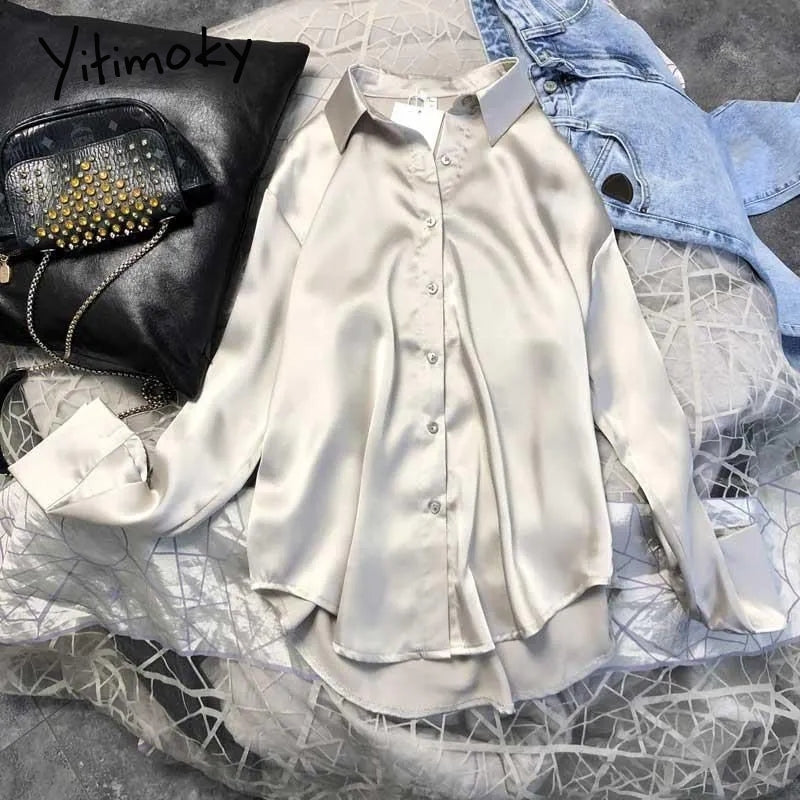 Casual Office Lady Silk Blouses Autumn Long Sleeve Button Up Shirt Women Elegant Winter Tops  Office Lady Acetate Blouse