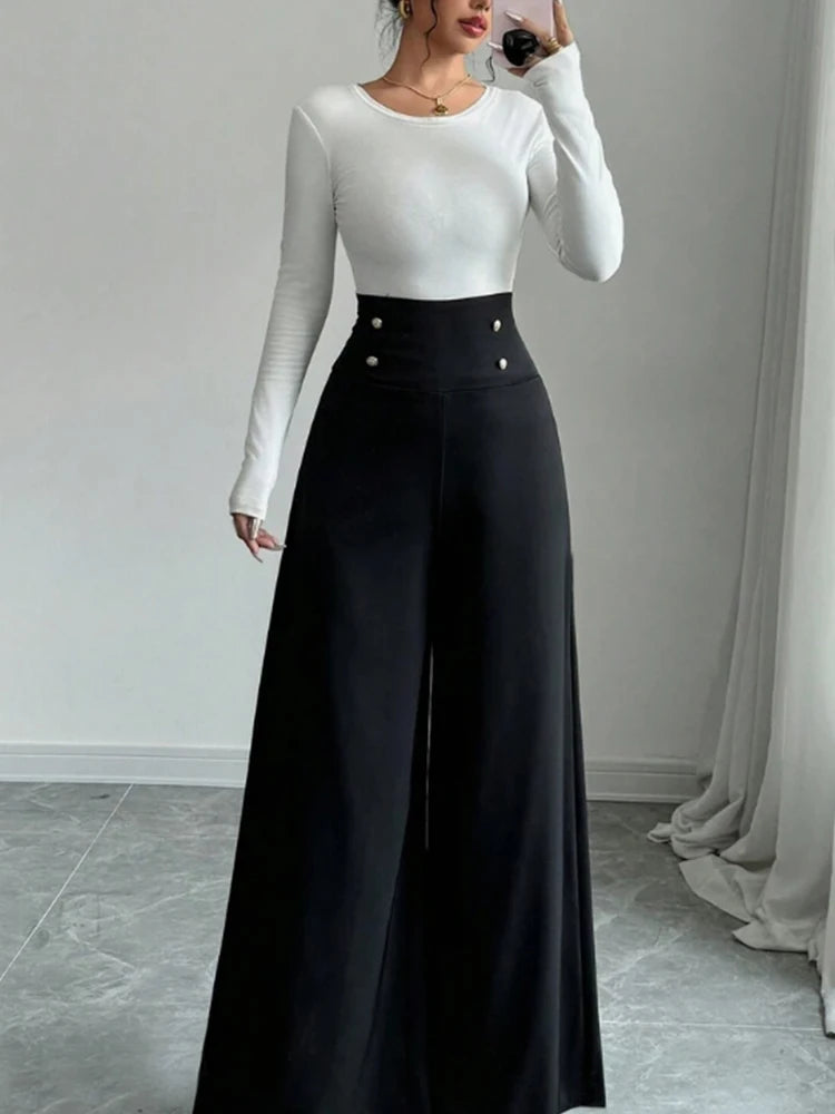 Women's Fashionable and Elegant Solid Color Wide-Leg Pants for Spring and Autumn, High-Waisted Pants